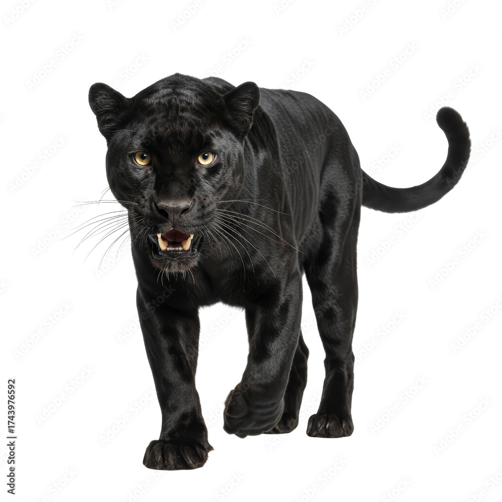 Obraz premium Magnificent melanistic leopard prowling with intensity on isolated transparent backdrop