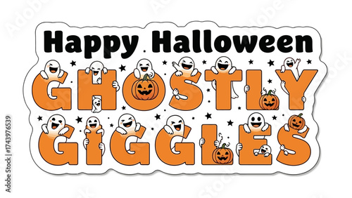 Happy Halloween - Ghostly Giggle: A whimsical Halloween scene filled with playful ghosts and carved pumpkins, creating a cheerful and festive atmosphere. 