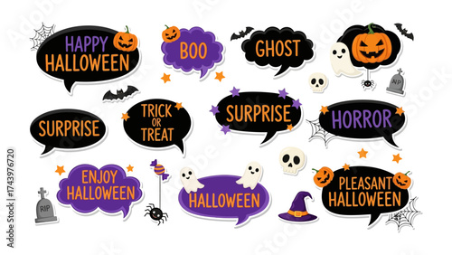 Halloween Graphic Elements: A vibrant collection of Halloween-themed speech bubbles, decorated with festive imagery, offers endless creative possibilities for spooky designs.