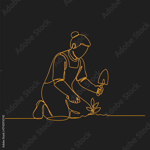 Minimalist line art of a woman kneeling and planting a small seedling with a trowel on a dark