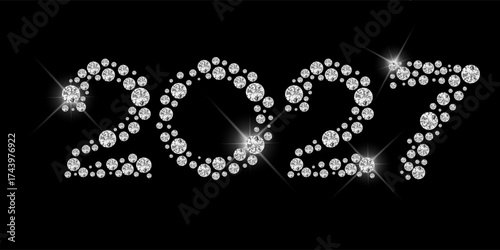 Vector. Silver numbers with diamonds, precious stones on a black background. Luxury elegant Christmas 2027 greeting card, banner, party invitation for jewelry stores, beauty salons, for women.