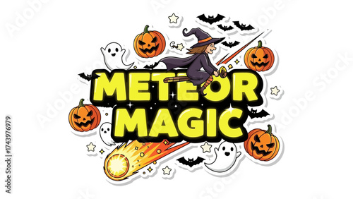 Meteor Magic: A whimsical illustration with a witch on her broom flying over a meteor shower alongside grinning pumpkins and spectral ghosts, evoking a sense of enchanting halloween magic.