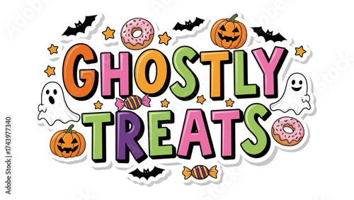 Spooky Sweets: A playful collection of festive illustrations, with spooky ghosts and jack-o'-lanterns alongside delicious treats like donuts and candies, all to delight during the Halloween season.