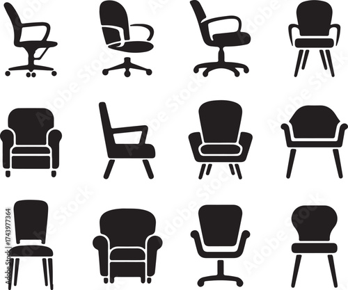 Silhouette icons set of office chairs on transparent background