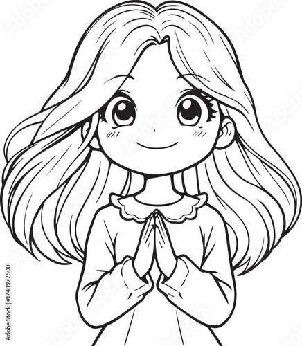 Black and white anime-style character illustration with gentle smile and prayer gesture in emotional line art