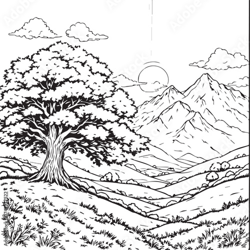 Black and white scenic landscape illustration with tree, mountains, sunrise, and clouds in detailed line art