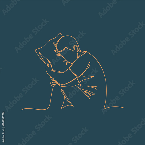 Minimalist Line Drawing of a Person Sitting and Hugging a Pillow in a Calm, Relaxed Pose on a Solid
