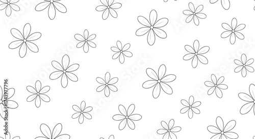 A seamless pattern of delicate dashed outline flowers scattered across a white background.