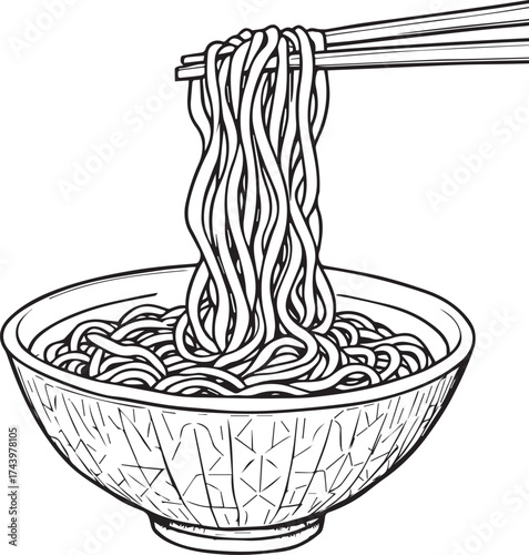 Black and white noodle bowl illustration with chopsticks lifting curly noodles in Asian food line art style