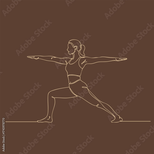 Minimalist Line Drawing of a Woman Practicing Warrior Pose in Yoga on a Solid Brown