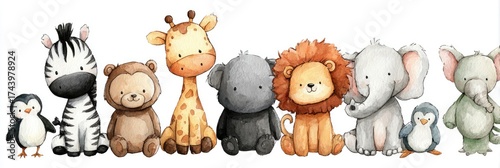Adorable watercolor style illustration featuring a line-up of various cute safari and arctic animals