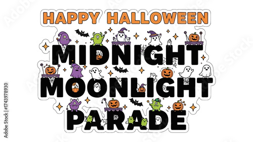 Midnight Moonlight Parade: A whimsical illustration of a midnight moonlight parade with pumpkins, ghosts, bats, and spells, capturing the spooky spirit of Halloween night.
