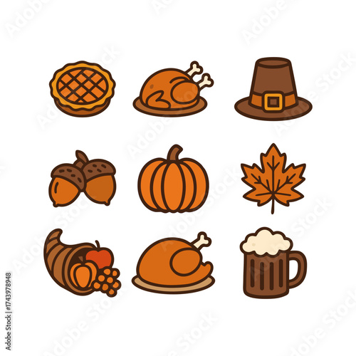 Thanksgiving Icon Set – Flat Vector Collection of Turkey, Pumpkin, Pie, Cornucopia, Acorn, Maple Leaf, and Beer for Autumn Harvest Celebration