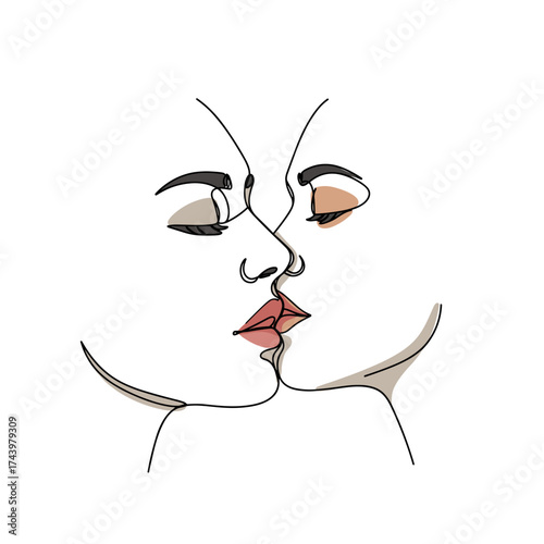 Abstract line art of two faces kissing with closed eyes  