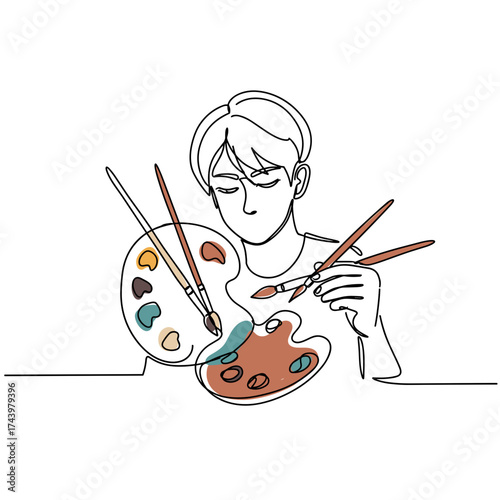 Young man mixing paint colors on palette with brushes  