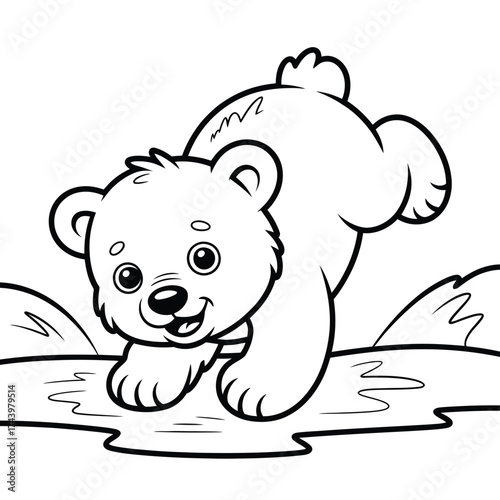 Adorable black and white line art vector illustration of a cute polar bear cub playing silhouette vector illustration white background