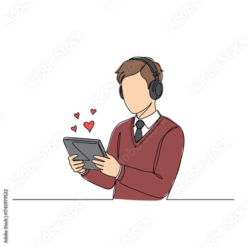 Young man enjoying romantic video game while wearing headphones  