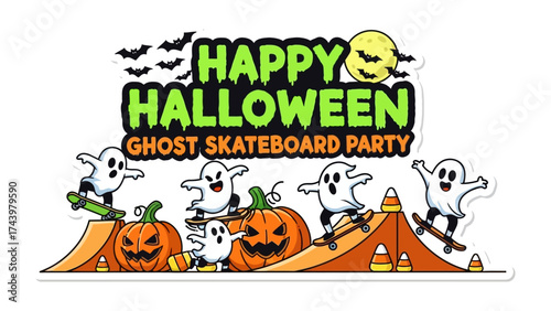 Halloween Ghost Skateboard Party: An exciting Halloween scene. A spooky Halloween gathering featuring cheerful ghost characters and pumpkin amidst festive decorations.