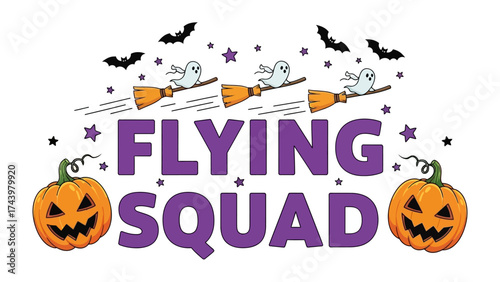 Spooky Squad in Halloween: A playful illustration captures the eerie spirit of Halloween. Featuring a friendly ghost flying on a broom and pumpkins, decorated stars and black bat.