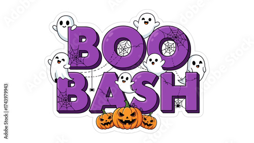 Spooky Spectacle: BOO BASH festive decorations with ghosts and Jack-o'-lanterns, evokes the spirit of Halloween.