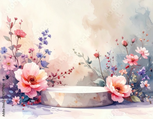 Watercolor Floral Arrangement with Stone Podium and Soft Pastel Backdrop for Product Presentation