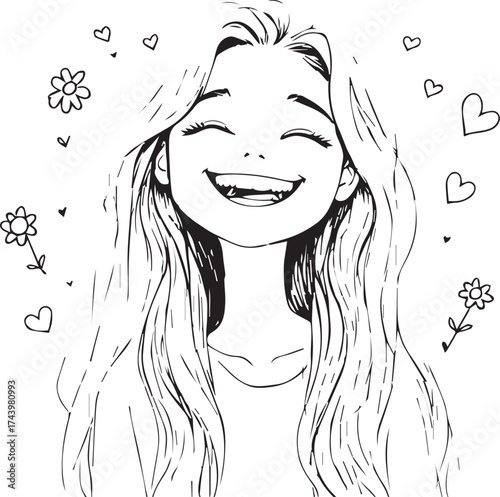 Black and white illustration of joyful person with hearts and flowers expressing happiness and emotional warmth
