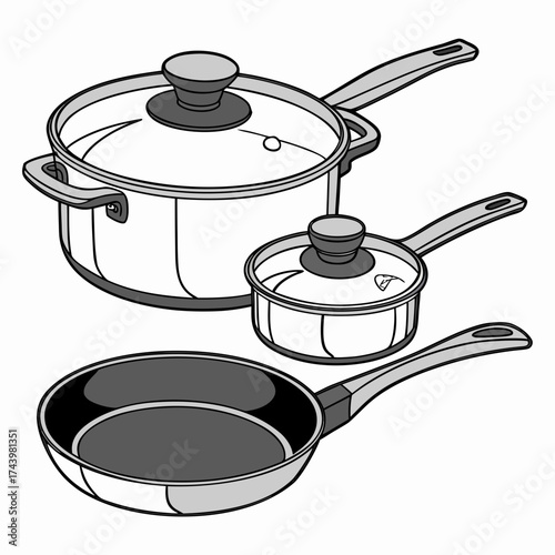 A set of three cooking pots and pans including a frying pan and saucepans with glass lids