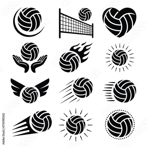 Collection of twelve unique black and white volleyball icon designs and graphics for sports enthusiasts