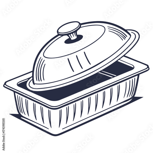 A simple line art illustration of a covered food serving dish with the lid slightly ajar