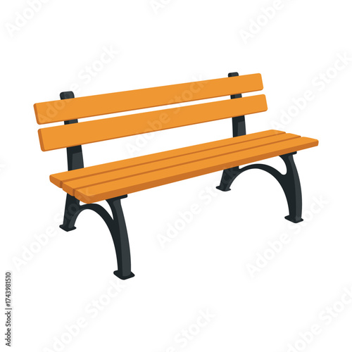 Empty wooden park bench with black metal legs, ready for seating.