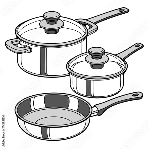 Set of three modern stainless steel cooking pots and pans with glass lids and ergonomic handles isolated on white background