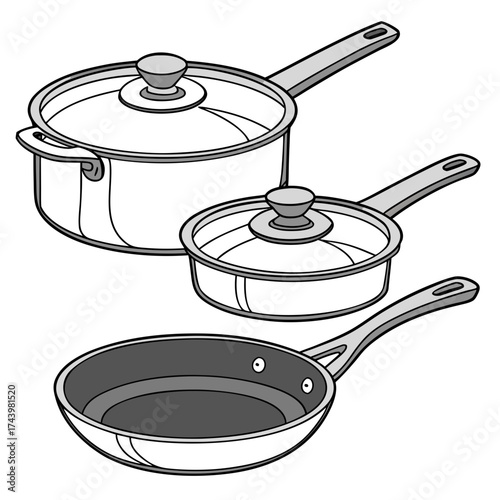 Set of three modern stainless steel cooking pots and pans with lids for kitchen use