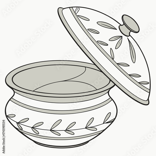 Simple illustration of a decorative ceramic pot with an open lid adorned with leaf patterns and horizontal stripes