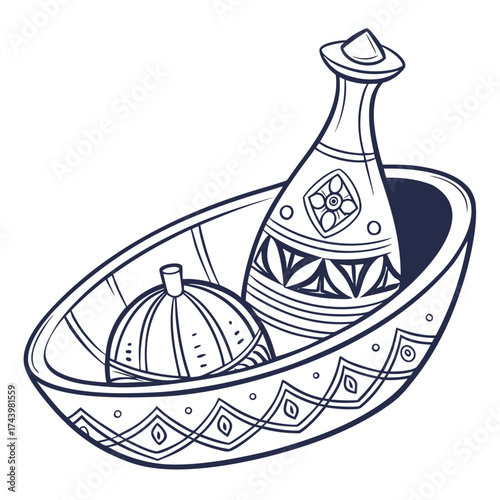 Traditional moroccan tagine pot and bowl with decorative patterns hand drawn illustration