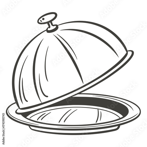 A simple line drawing illustration of a serving cloche or food dome with its lid partially open revealing an empty plate