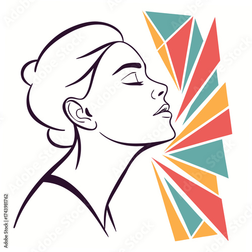 Abstract illustration of a woman s profile with closed eyes and colorful geometric shapes emanating from her neck