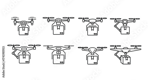 Eight drone illustrations delivering packages showing various aerial delivery concepts vector