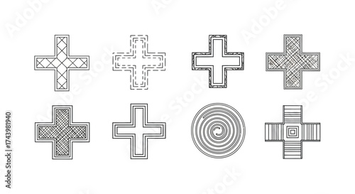 Collection of diverse plus signs and cross symbols rendered in sketchy art style vector