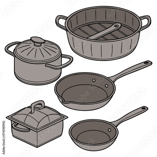 Collection of various cooking pots pans and roasting dishes isolated on a white background for culinary use