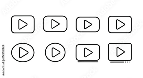 Collection of play button icons in various modern designs for media and streaming services vector