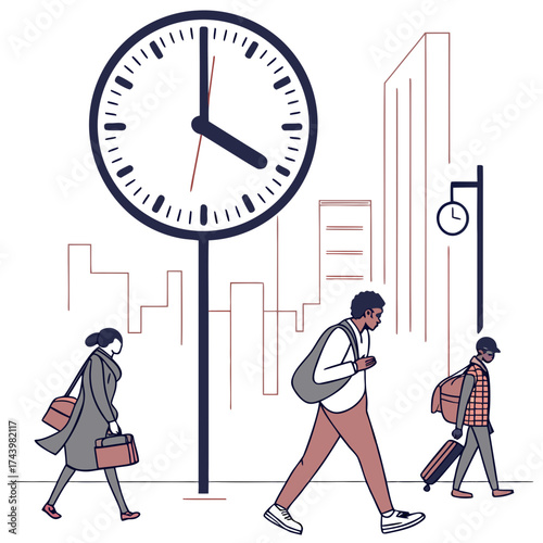 Diverse group of people walking in a city street with a large clock and building outlines symbolizing time and urban life