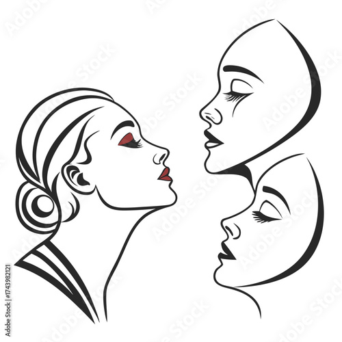 Elegant minimalist line art illustration of three women s faces in profile with red lipstick and eyeshadow