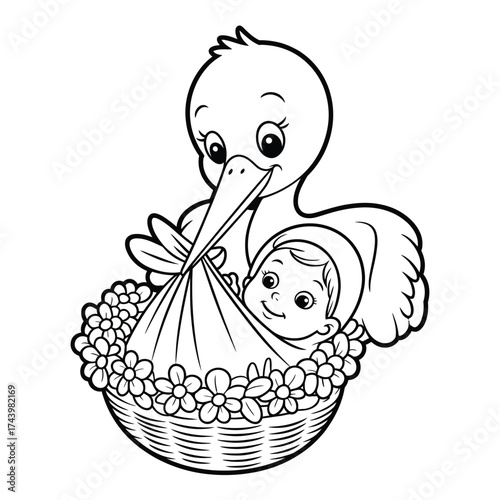 Adorable black and white vector stork delivering a baby in a floral basket illustration scalable eps icon silhouette vector illustration white background