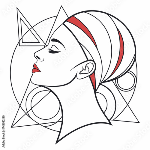 Elegant minimalist profile of a woman wearing a red striped headscarf with geometric shapes in the background