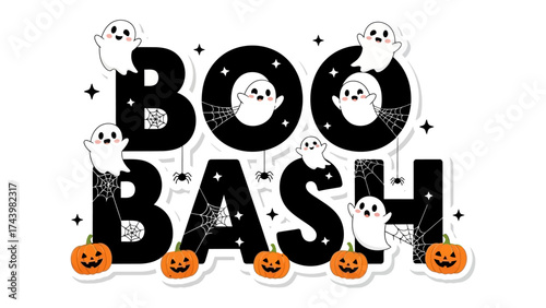 Boo Bash Festivities: Spooky yet fun invitation to a Halloween gathering, with pumpkins, playful ghost illustrations, and spider webs, ready to set the tone for a night of delight and a good scare.
