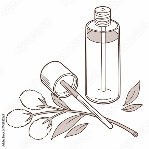 Illustration of a bottle with a brush applicator and plant sprigs representing natural cosmetics or skincare products