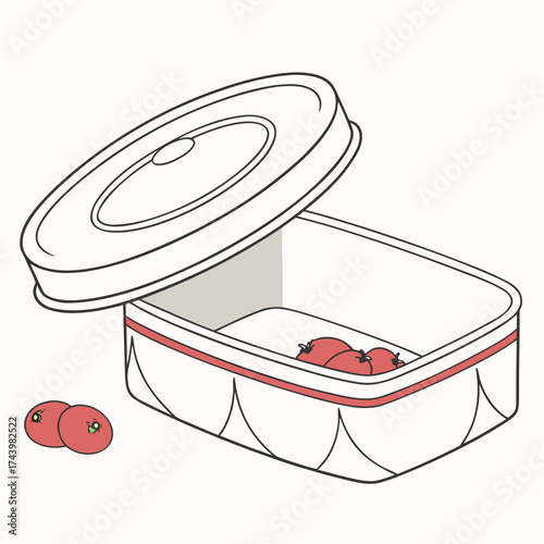 Open white plastic food container with a lid and red tomatoes inside and outside the box