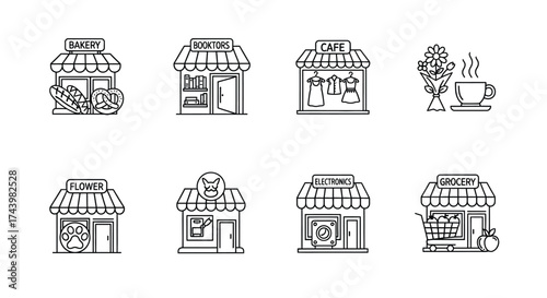 Collection of charming hand-drawn storefront icons representing various small businesses vector