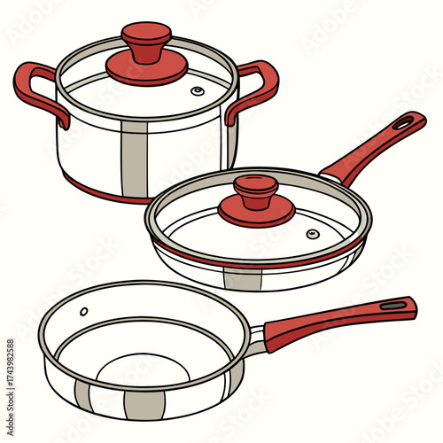 Set of cooking pots and pans with red handles and glass lids isolated on white background