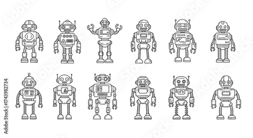 Collection of ten unique retro cartoon robots depicted in a playful sketched style for futuristic design vector